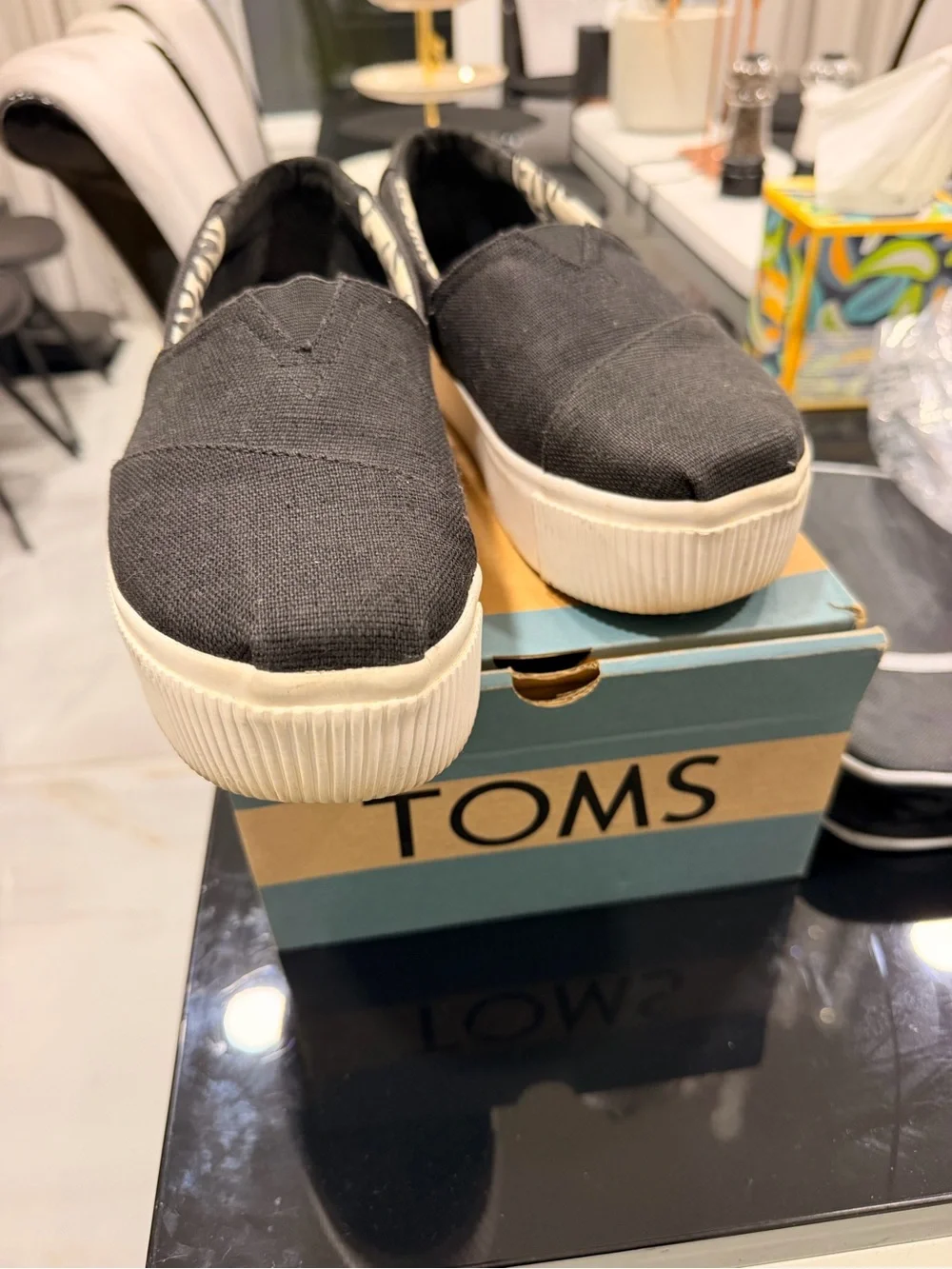 TOMS Alpargata Boardwalk Black Heritage Canvas Platform Slip-Ons - Size 9.5